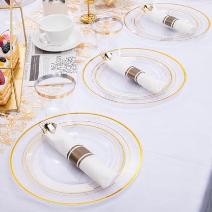 WELLIFE 210PCS Clear-Gold Plastic Plates - Dinnerware Sets for 30 Guests - 60 Disposable Plates, 90 Plastic Silverware, 30 Cups, 30 Napkins for Party - color: Clear and Gold, style: 210PCS（30 Guests）