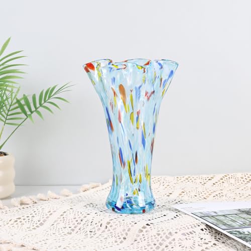 9.0" H Aqua Blue Glass Vases for Flower, Unique Hand Blown Glass Vase - color: Aqua