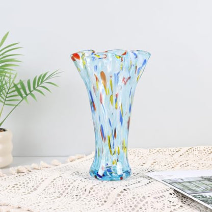 9.0" H Aqua Blue Glass Vases for Flower, Unique Hand Blown Glass Vase - color: Aqua