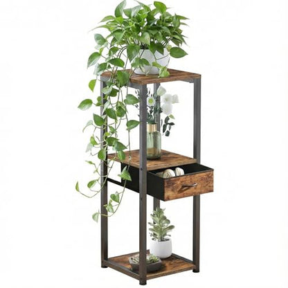 3-Tier Tall Plant Stand with Drawer, Small Square Side Table - size: 3-Tier with Drawer