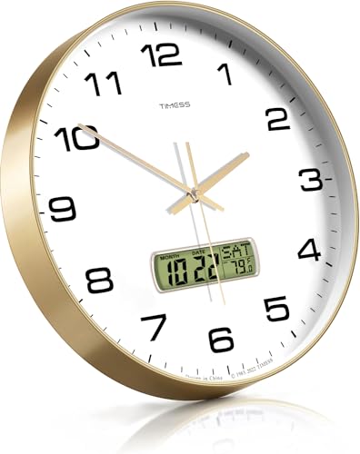 TIMESS 13-Inch Non-Ticking Analog Wall Clock with LCD Display, Gold - color: Gold, size: 13 Inch