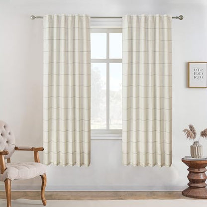 DriftAway 100% Blackout Plaid Linen Curtains 63 Inches Long 2 Panels Taupe - color: Taupe, size: 52"W x 63"L (Pack of 2)