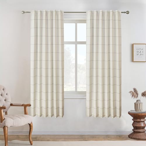 DriftAway 100% Blackout Plaid Linen Curtains 63 Inches Long 2 Panels Taupe - color: Taupe, size: 52"W x 63"L (Pack of 2)