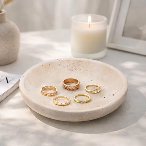 Natural Travertine Marble Jewelry Dish 5.5", Trinket Dish for Ring Earring Key, Ring Tray Gift for Woman Daughter (Beige Travertine)