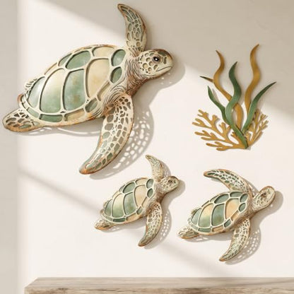 Tevqemi Large 3D Metal Sea Turtle Wall Art, 4-Piece Hand-Painted Wall Decor