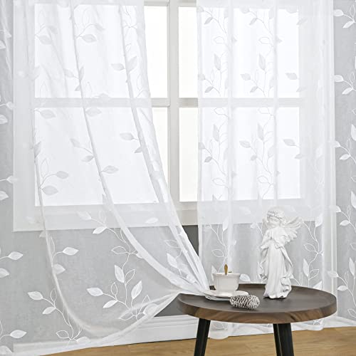 BGment White Sheer Curtains 84 Inches Long Living Room 2 Panels - color: White-foliage, size: 52"W x 84"L (Pack of 2)