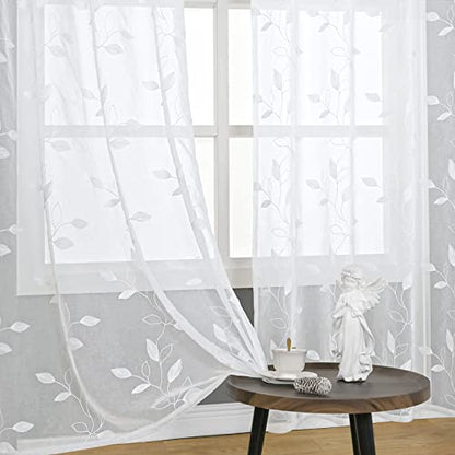 BGment White Sheer Curtains 84 Inches Long Living Room 2 Panels - color: White-foliage, size: 52"W x 84"L (Pack of 2)