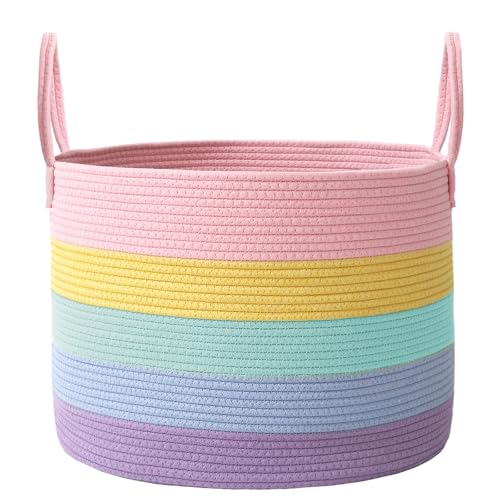 JMvicyroam 65L Extra Large Machine Washable Cotton Rope Blanket Basket - color: Rainbow, size: 65L