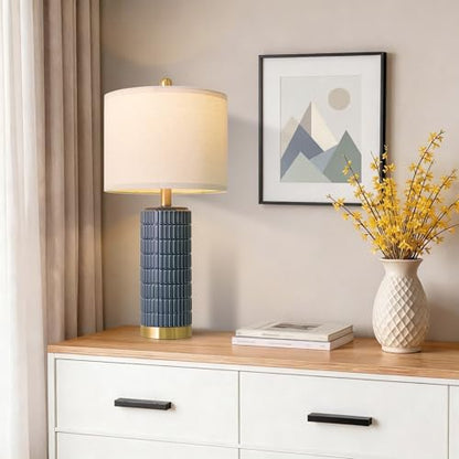 PoKat 25'' Blue Table Lamps for Bedroom Living Room Set of 2, Modern Ceramic Bedside Lamps with Gold Base for Office Sideboard Entryway Side End Table Nightstand Desk Lamps Home Gift (Dark Blue) - color: Dark Blue