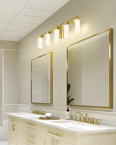 HWH 5-Light Vanity Light, Brushed Gold, Clear Glass, 30W, 5HLT63B-5W-LED BG - color: Brushed Gold + LED, size: 5 Lights
