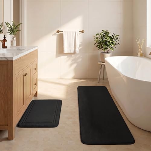 Grey Bathroom Rugs Memory Foam Bath Mat Runner Rug Set of 2 - color: Black, size: 17 in x 24 in and 16 in x 47 in
