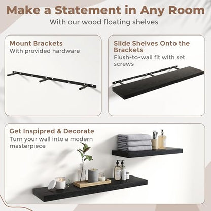 72 Inch Floating Shelves, 12"Deep Wall Shelf, 80 Lbs Capacity, Black, 2pcs - color: Black, size: 72"Wx12"Dx1.5"H