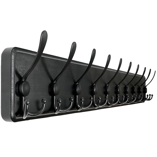 WEBI Coat Rack Wall Mount,38 9/16" Long,10 Tri Hooks for Hanging Coats,16" Hole to Hole,Coat Hooks Wall Mounted Coat Hanger,Farmhouse Wood Hook Rack for Clothes,Jacket,Hats,Rustic Black - color: Black, size: 10 Hooks
