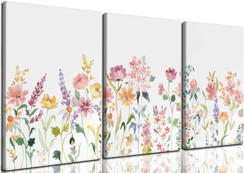 Watercolor Wildflower Canvas Wall Art, 3 Piece Gallery Wrapped Set, 12x16 - color: Plant flowers-1, size: 12x16 inch