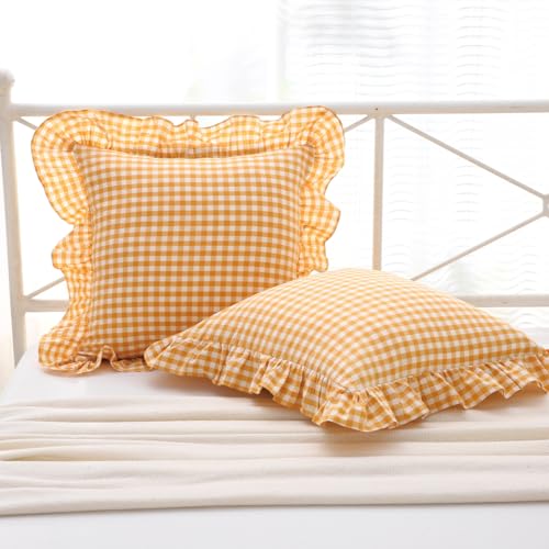 Mywinlle Mustard Yellow Gingham Ruffle Throw Pillow Covers 18"x18" - color: Mustard Yellow, size: 18" x 18" (Pack of 2)