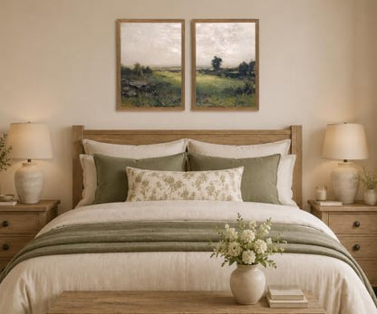 Landscape Wall Art Set of 2 Framed, Neutral Farmhouse Canvas Prints, - color: Green scenery, size: 12x16 Inches
