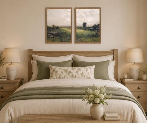Landscape Wall Art Set of 2 Framed, Neutral Farmhouse Canvas Prints, - color: Green scenery, size: 16x24 Inches