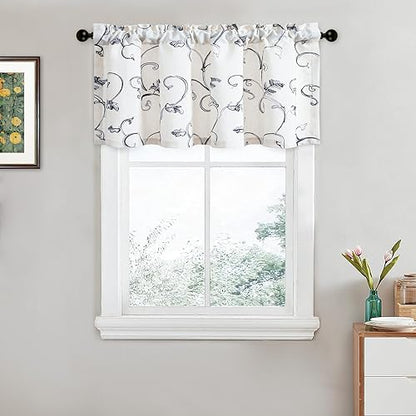 VOGOL Gray Leaf Embroidered Linen Textured Valance, 42 x 18, 1 Panel - color: Grey, size: 42"W x 18"L (Pack of 1)