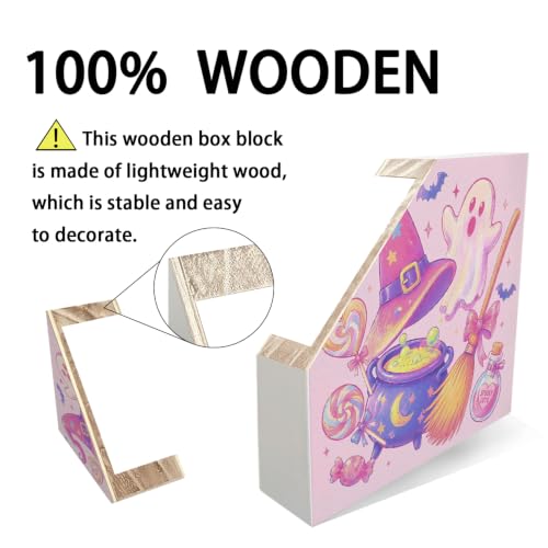 Pastel Pink Halloween Witchy Ghost Wooden Box Sign Desk Decor - color: Pink Halloween