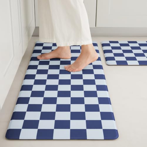 Ohocut Navy Blue Checkered Kitchen Mats for Floor Set of 2, 2 Pcs Cushioned Non Slip Runner Rugs for Kitchen/Sink/Laundry, Comfort Aesthetic Cute Anti-Fatigue Foam Floor Mat 17.3"x29.5"+17.3"x47.2" - color: Navy
