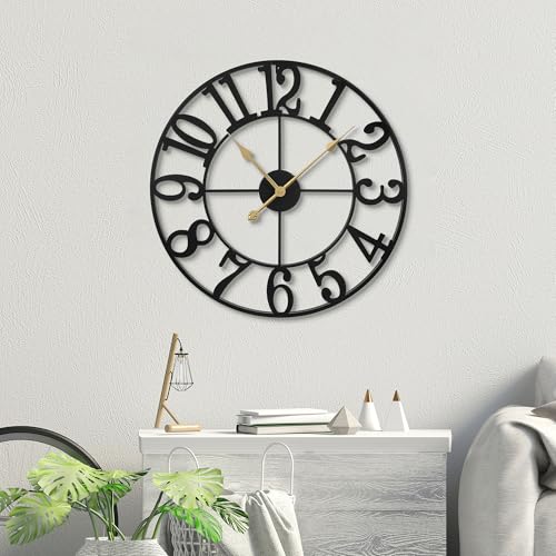 Wall Clock Battery Operated,Silent Non Ticking Modern Rustic Metal Small Clocks for Living Room/Bedroom/Office/Kitchen/Farmhouse Home Decor-16IN(Arabic Number-Black) - size: 16 inch