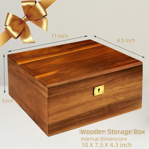 Wooden Box Decorative Large Acacia Wooden Storage Box with Hinged Lid and Locking Key Premium Keepsake Stash Box Lockable Chest for Keepsakes, Valuables, Accessories, Treasured Items(Lock No Grid) - style: Key Lock no partition