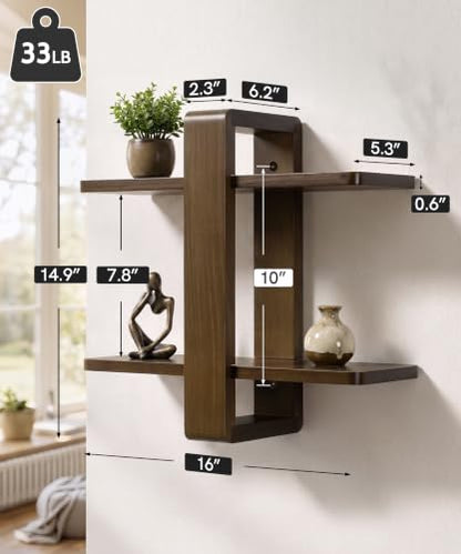 SUMGAR Floating Shelves for Wall Walnut, 2 Tier Adjustable Wall Shelf Unit - color: Walnut, size: 2 Tier 16in