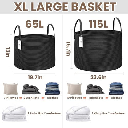 JMvicyroam 65L Extra Large Machine Washable Cotton Rope Blanket Basket - color: Black, size: 65L