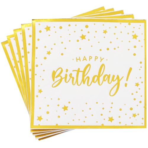 Vuzvuv 52 Pack Happy Birthday Cocktail Napkins with Confetti Gold Stamping - Birthday Party Dinner Hand Napkin for Party Supplies Decorations Table Decor for women man(5" Folded 3 Ply-White) - color: Confetti HBD White