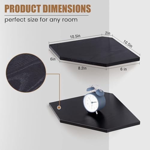 Fun Memories Corner Shelf Wall Mount, Floating Corner Shelves, Set of 2 Corner Wall Shelf Organizer, Rustic Wood Wall Storage Display Shelves for Living Room Bedroom Bathroom Kitchen, Classic Black - color: Black, size: 10.5" x 10.5", Set of 2