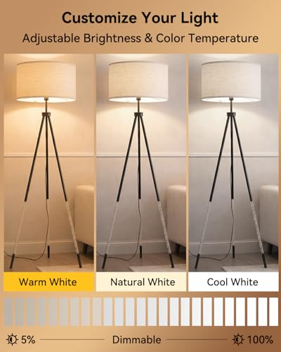 JOOFO Modern Metal Tripod Floor Lamp with Remote, 16.5" Linen Shade - color: Brushed Black