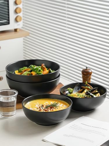 Kanwone Large Serving Bowls - 9.5 inch, 90oz Ceramic Salad Bowls, Fruit Bowls, Pasta, Soup Bowls, Set of 2, Serving Bowls for Entertaining, Microwave and Dishwasher Safe, Matte Black - color: Matte Black, size: 9.5 Inch