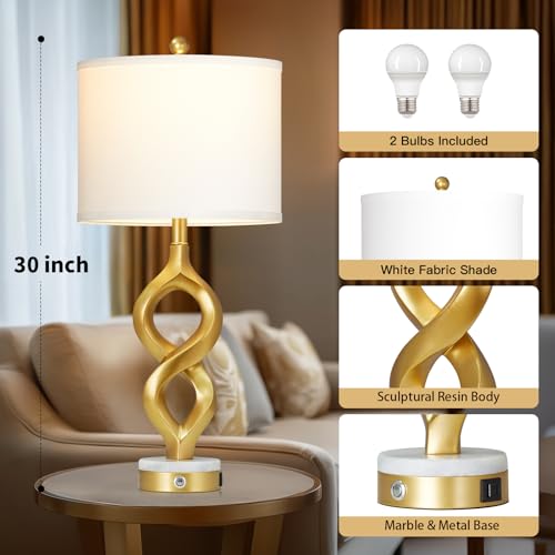 Cinyirong 30" White and Gold Table Lamps Set of 2 for Living Room, Modern Touch Control Bedside Lamps for Bedroom, 3-Way Dimmable Sculptural Resin Nightstand Lamps with USB A+C Ports and 2 LED Bulbs - color: White & Gold (2 Pack)