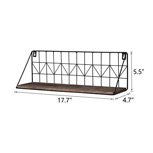 Mkono Floating Shelves Wall Mounted Set of 2 Rustic Wood Storage Display Shelf with Metal Wire Basket, Hanging Shelf for College Drom Bedroom Bathroom Living Room Kitchen Office, Brown,Medium - size: Medium