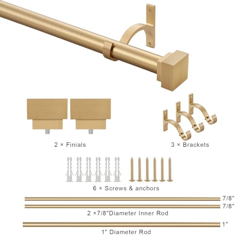 Single Curtain Rods for Windows 72 to 144 Inch(6-12ft),1 Inch Diameter Adjustable Heavy Duty Drapery Rods,with Modern Square Aluminum Alloy Finials,Warm Gold - color: Warm Gold, size: 72-144"