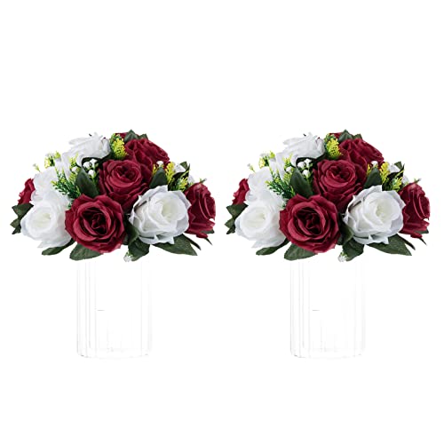 NUPTIO Flower Centerpieces for Tables, Fake Rose Balls, Burgundy & White - color: Burgundy & White, size: 2 Pcs