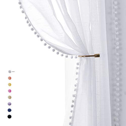 Pom Pom Sheer White Curtains 52x108" Living Room Textured Window Panels 2pc - color: Snow White, size: 52"W x 108"L (Pack of 2)