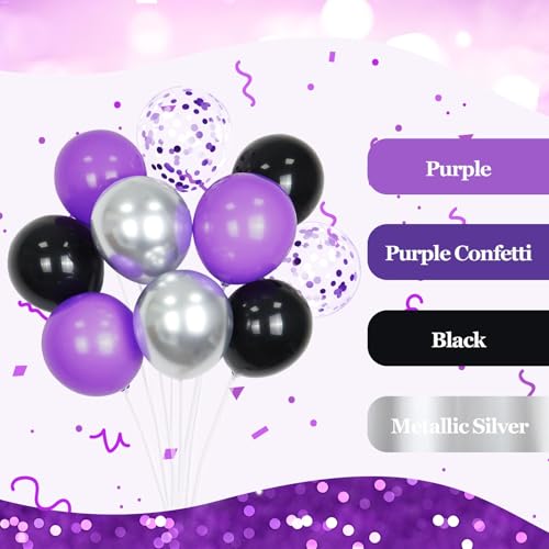 60pcs Purple and Black Balloons 12inch with Silver Confetti Balloons - color: Purple Black Silver