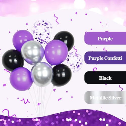 60pcs Purple and Black Balloons 12inch with Silver Confetti Balloons - color: Purple Black Silver