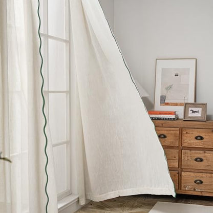 DriftAway Semi Sheer Scalloped Edge Linen Coastal Beach Window Curtains for Living Room Bedroom 2 Panels Rod Pocket Each Size 52 Inch by 84 Inch Loden Green - color: Linen Loden Green, size: 52"W x 84"L (Pack of 2)