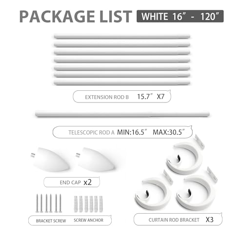Modern Adjustable Curtain Rod Set 16 to 120 Inches, Sleek Window Rod for Bedroom, Living Room, White - color: WHITE, size: 16" to 120"