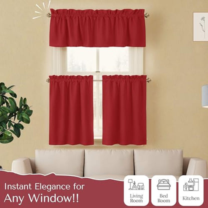 Native Fab 3 Pieces Window Curtain Tiers 26"x36" and Valance 54"x18" Set - Rod Pocket - Semi Sheer - Short Curtain for Kitchen, Bathroom, Living Room - Red - color: Red