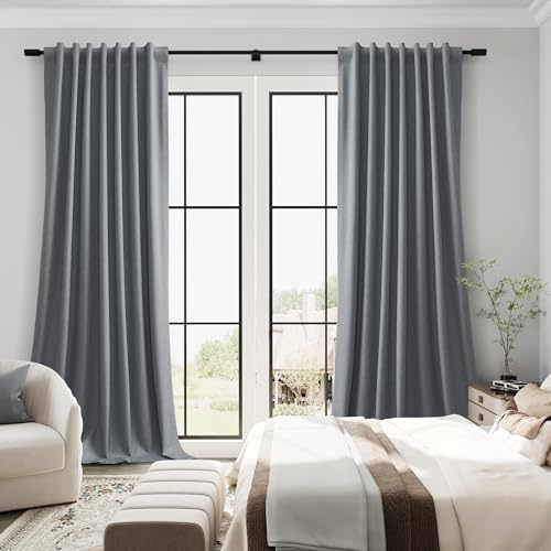 Guken Grey Linen 100% Blackout Curtains for Bedroom 84 Inches Long Textured Elegant Back Tab Hook Belt Room Darkening Thermal Insulated Soundproof Drapes Living Room Office 2 Panels Set 52x84 7Ft - color: Grey, size: 52"W x 84"L (Pack of 2)