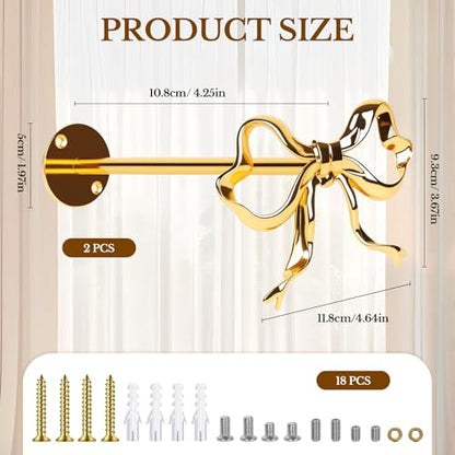 2 Pack Gold Bow Curtain Holdbacks, Solid Metal Wall Mounted Curtain Tiebacks Decorative Drapery Hooks for Living Room Bedroom Office Home