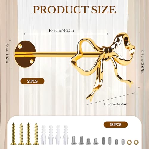 2 Pack Gold Bow Curtain Holdbacks, Solid Metal Wall Mounted Curtain Tiebacks Decorative Drapery Hooks for Living Room Bedroom Office Home