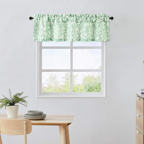 VOGOL Faux Linen Leaf Print Kitchen Valance, 52 x 12, 1 Panel, Green - color: Light Green, size: 52"W x 12"L (Pack of 1)