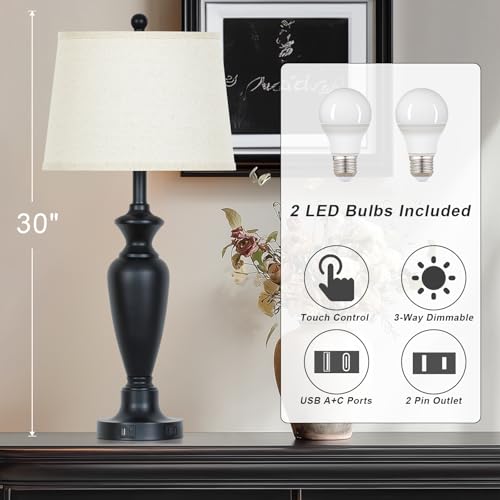 30" Tall Black Table Lamps Set of 2 for Living Room, Touch Control Bedside Lamps for Nightstand, 3-Way Dimmable Bedroom Table Lamp with USB A+C Ports and AC Outlet (2 LED Bulbs Included) - color: Black - 30"H