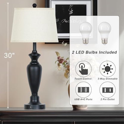 30" Tall Black Table Lamps Set of 2 for Living Room, Touch Control Bedside Lamps for Nightstand, 3-Way Dimmable Bedroom Table Lamp with USB A+C Ports and AC Outlet (2 LED Bulbs Included) - color: Black - 30"H