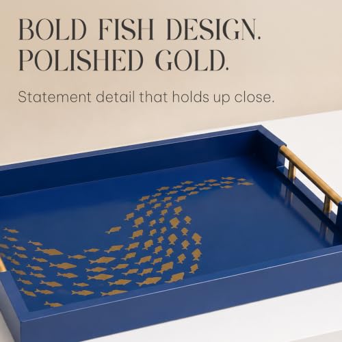 Serving Tray with Gold Fish Design, Navy by Death Decor - style: Navy Blue