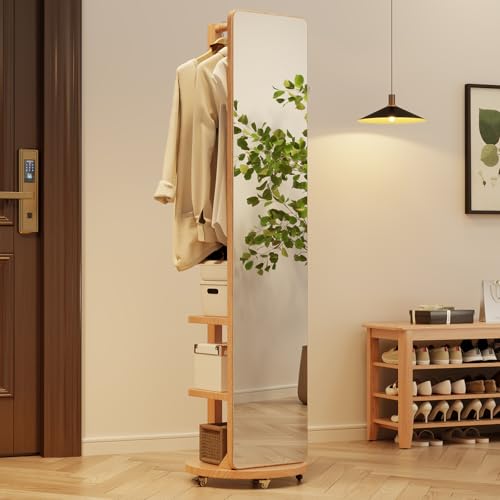 WoodsWhisper Full Length Mirror Coat Rack Solid Wood Floor Mirror 66"x12" Full Length Mirror with Stand Long Mirrors for Bedroom,Living Room (Natural-Mobile, 66" Lx12 W) - color: Natural-mobile, size: 66"Lx12"W